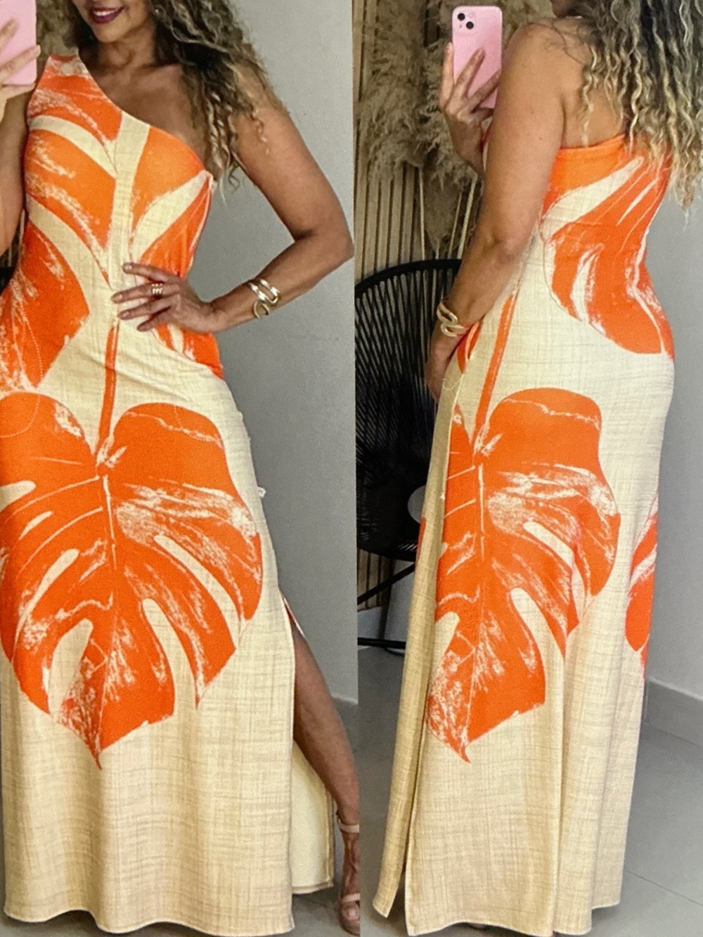 One-Shoulder Cream Maxi Dress with Orange Leaf Print